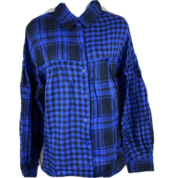 Blue Cotton Plaid Check Button Up Blouse S M L - Picture 2 of 10